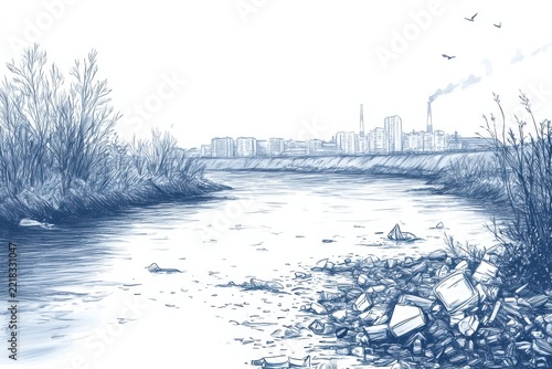 Hand drawn sketch of a polluted river with city background