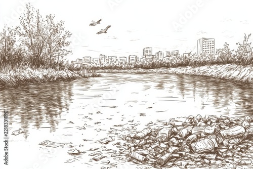 Hand-Drawn Sketch of Polluted Riverbank with City in Background