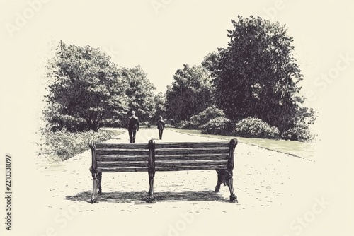 Hand-Drawn Sketch of a Park Bench with People Walking