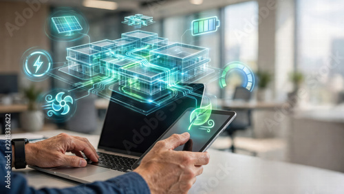 Laptop tablet hand smart building energy management hologram office technology innovation