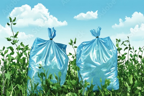 Blue Plastic Trash Bags Tied Up in Green Bushes Under Sky