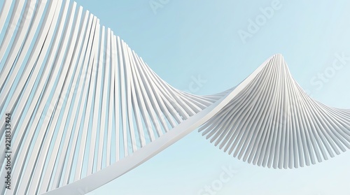 Minimalist white architectural structure with sweeping curves against blue sky.