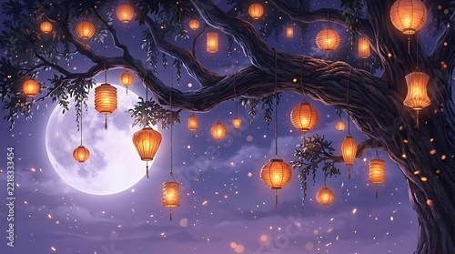 Traditional glowing lanterns hanging from tree branches during nighttime.