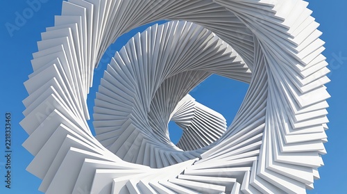 Abstract architecture sculpture with spiral white pillars against a blue sky.