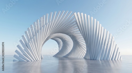 White architectural arch featuring a wave pattern beneath a clear horizon.