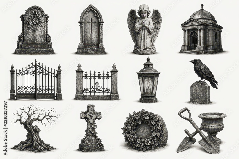 Fototapeta premium Vintage cemetery symbols, gravestones, angel, raven, gates
