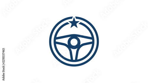 A minimalist blue icon depicting a circular steering wheel with a star symbol