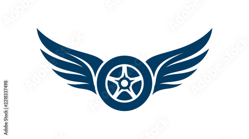 A dark blue graphic icon featuring a circular wheel with stylized wings attached to it