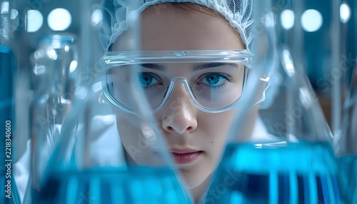 A focused scientist wearing safety goggles in a laboratory with blue liquid glassware.