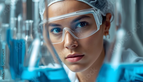 A focused scientist wearing safety goggles in a laboratory with blue liquid glassware.