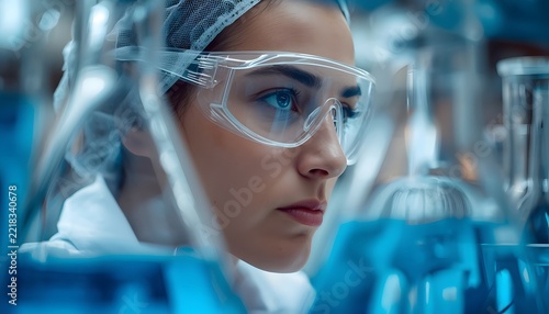 A focused scientist wearing safety goggles in a laboratory with blue liquid glassware.