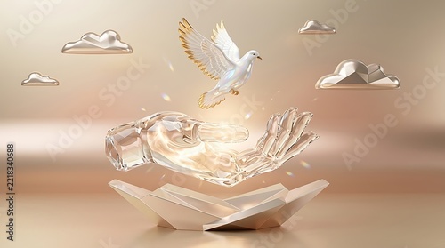3D render of a graceful white dove with golden wingtips flying over a transparent crystal glass hand symbolizing peace, hope, and freedom in an elegant golden atmospheric setting with clouds