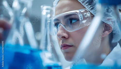A focused scientist wearing safety goggles in a laboratory with blue liquid glassware.