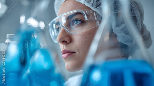 A focused scientist wearing safety goggles in a laboratory with blue liquid glassware.