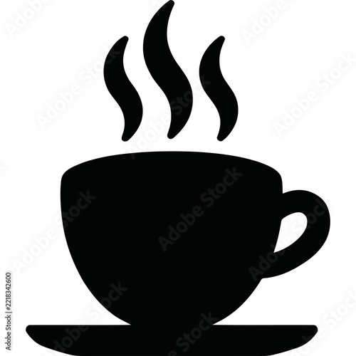 Hot coffee cup icon with steam, simple black vector silhouette for cafe menu design
