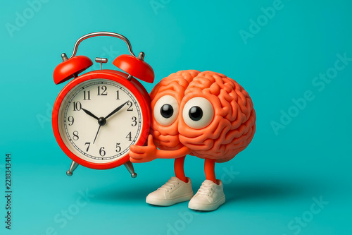 Cute brain character holding a red alarm clock on a teal background