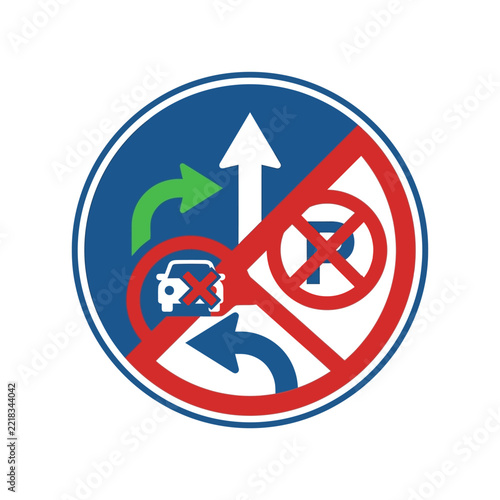 A composite traffic sign illustrating various road rules and prohibitions including no parking, no overtaking, and allowed turns.