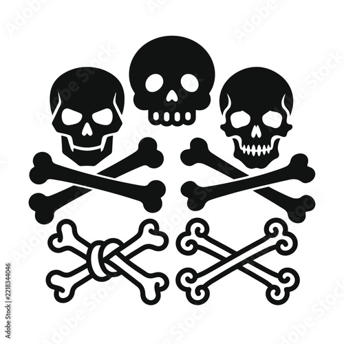 A striking graphic illustration featuring three black skull and crossbones symbols arranged in a visually impactful composition, symbolizing danger and warning.