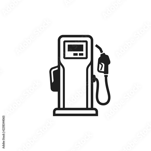 Black and white line art icon of a gas pump with a nozzle and hose, representing fuel stations and automotive services.