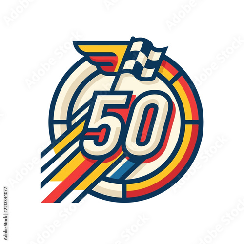 Vibrant racing-themed logo celebrating a 50th anniversary or milestone with a checkered flag, wings, and dynamic stripes.