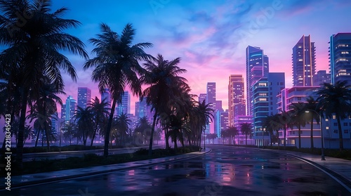 Miami Skyline at Dusk with Palm Trees and Wet Streets.