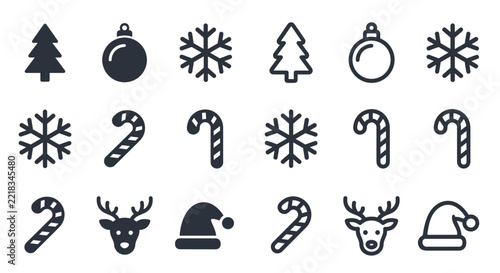 Christmas Icon Set, Black Glyph and Outline Silhouettes of Tree, Bauble, Snowflake, Candy Cane, Reindeer and Santa Hat