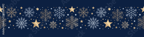Elegant Navy Blue and Gold Christmas Seamless Border with Snowflakes and Stars, Luxury Winter Holiday Banner