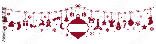 Red Christmas Hanging Ornaments Garland Banner with Bell, Sleigh, Reindeer, Gingerbread Man and Snowman Silhouettes