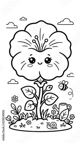 Cute Hibiscus Flower Character in Garden Coloring Page