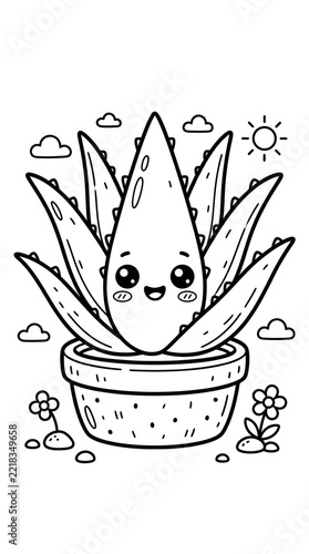 Cute kawaii aloe vera succulent plant coloring page.