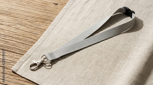Gray neck lanyard strap with metal hook on linen.