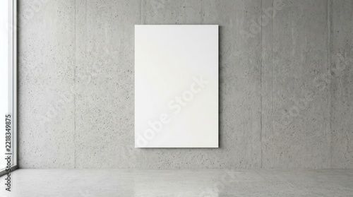 Large vertical blank poster mockup on grey concrete wall.