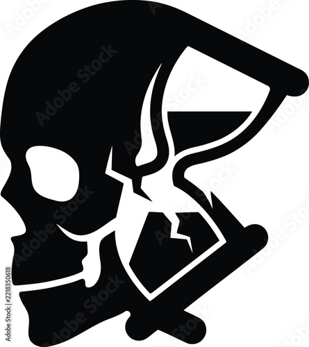 Broken hourglass skull icon black graphic for death concept.