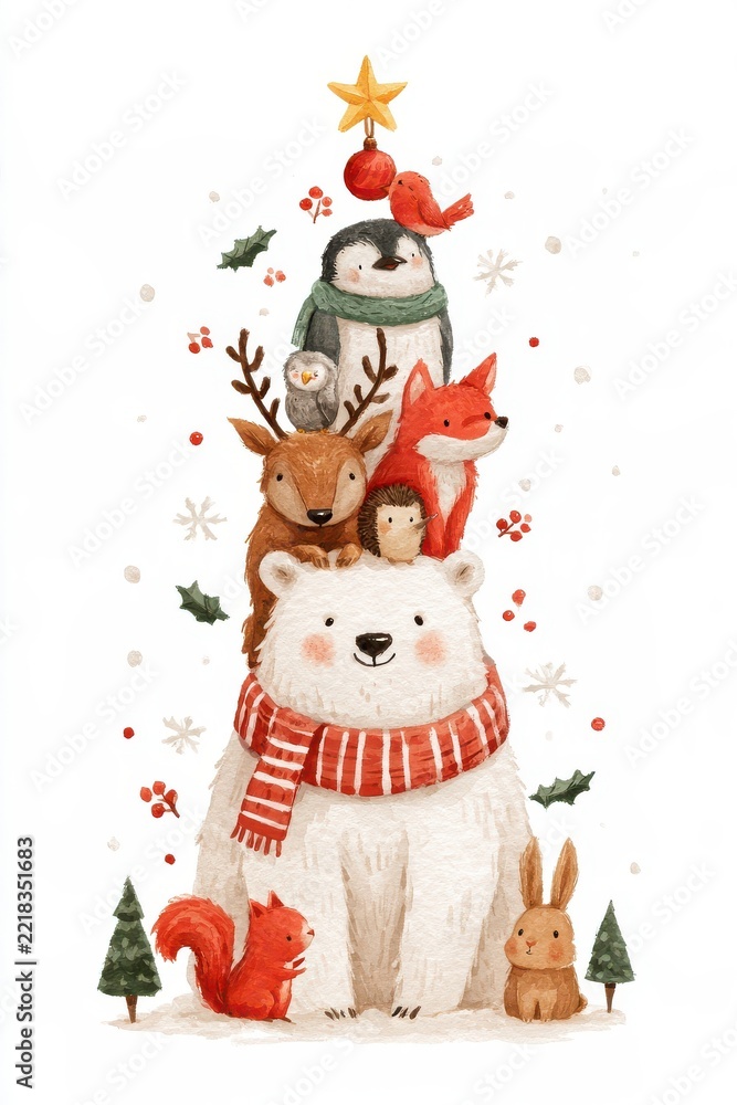 Fototapeta premium Hand-painted winter animal friends gathered around a polar bear
