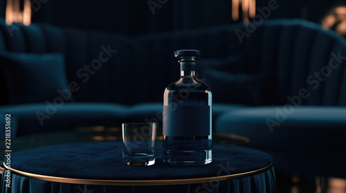 Luxury liquor bottle beside empty glass on dark lounge table with blue velvet seating and warm ambient lighting