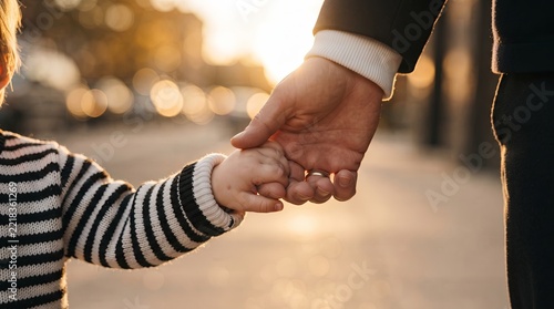 An adult and a young child hold hands outdoors during sunset, capturing a tender moment of care and connection.