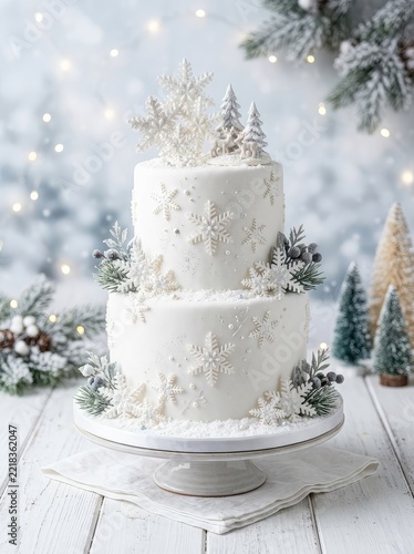 Festive winter wonderland Christmas cake adorned with edible snowflake decorations, white fondant, and a serene snowy holiday theme, party, festive, season