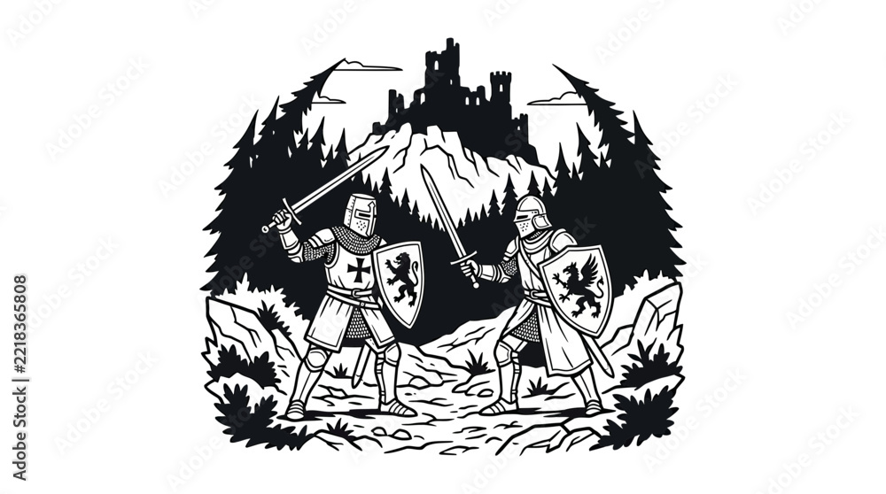 Fototapeta premium Knights in Armor Fighting Near Castle Ruins