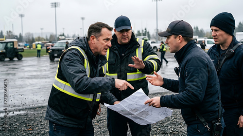 Construction team discussing site plan and logistics in outdoor work