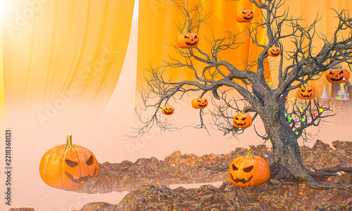 3D Halloween Scene with Large Jack-o-Lantern, Dead Tree Hung with Pumpkins and Yellow Curtains in Fog 