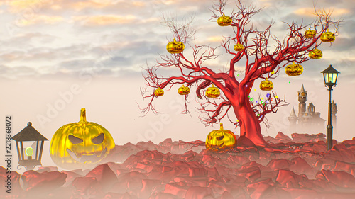 3D Halloween Landscape with Golden Jack-o-Lanterns, Red Tree, Street Lamps and Gothic Castle in Fog 3d render illustration