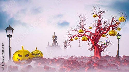 3D Halloween Landscape with Golden Jack-o-Lanterns, Red Tree, Street Lamps and Gothic Castle in Fog 3d render illustration