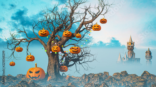 Halloween Landscape with Dead Tree Hung with Jack-o-Lanterns and Gothic Castle in Foggy Blue Sky  3d render illustration
