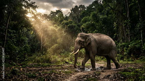 A majestic wild elephant walking through a lush tropical rainforest with beautiful sunbeams shining through the dense foliage.