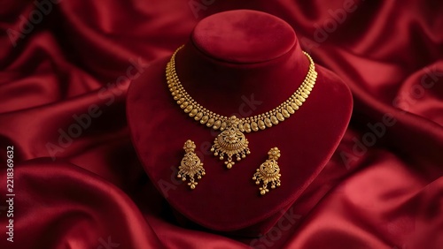Luxurious gold floral necklace and matching earrings on red velvet background.