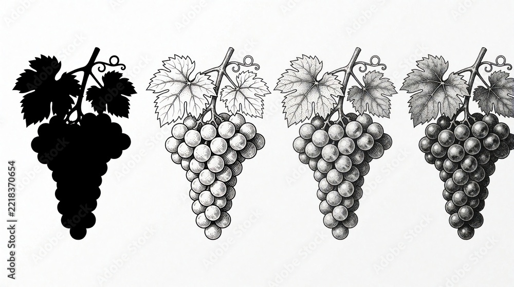 Fototapeta premium Set of grape bunch illustrations in four different styles. Black silhouette, clean line art, stippled dot work, realistic pencil sketch. Graphic fruit icons with leaves, stems for wine branding, menu