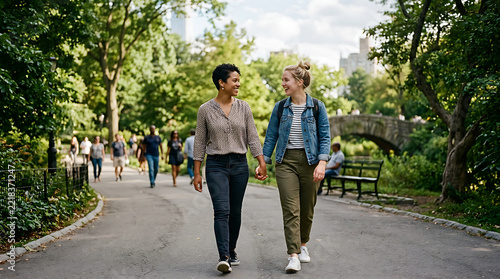 Two happy women walking together holding hands through a sunny public park in the city.