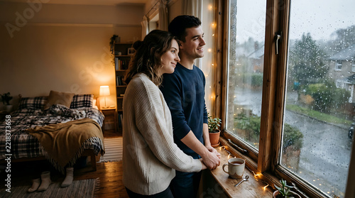 A loving young couple standing together by the window looking at the rain outside.