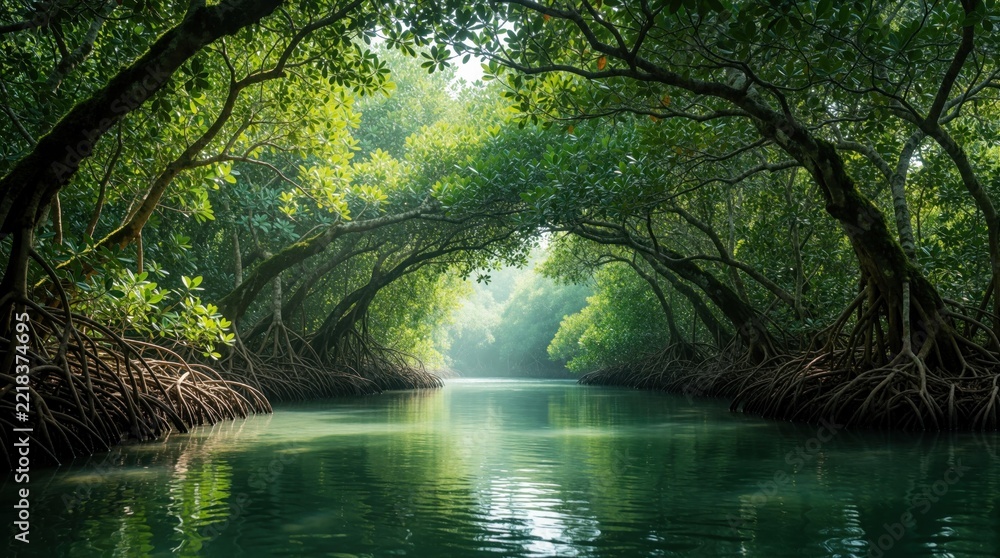 Fototapeta premium Green mangrove forest forms natural tunnel over calm river. Tropical trees with large roots arch over water canal. Rich jungle waterway creates serene green scenery. Peaceful ecosystem with dense