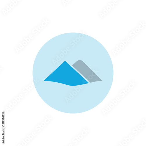 Minimalist mountain vector logo design inside a soft light blue circle frame, isolated on white background.